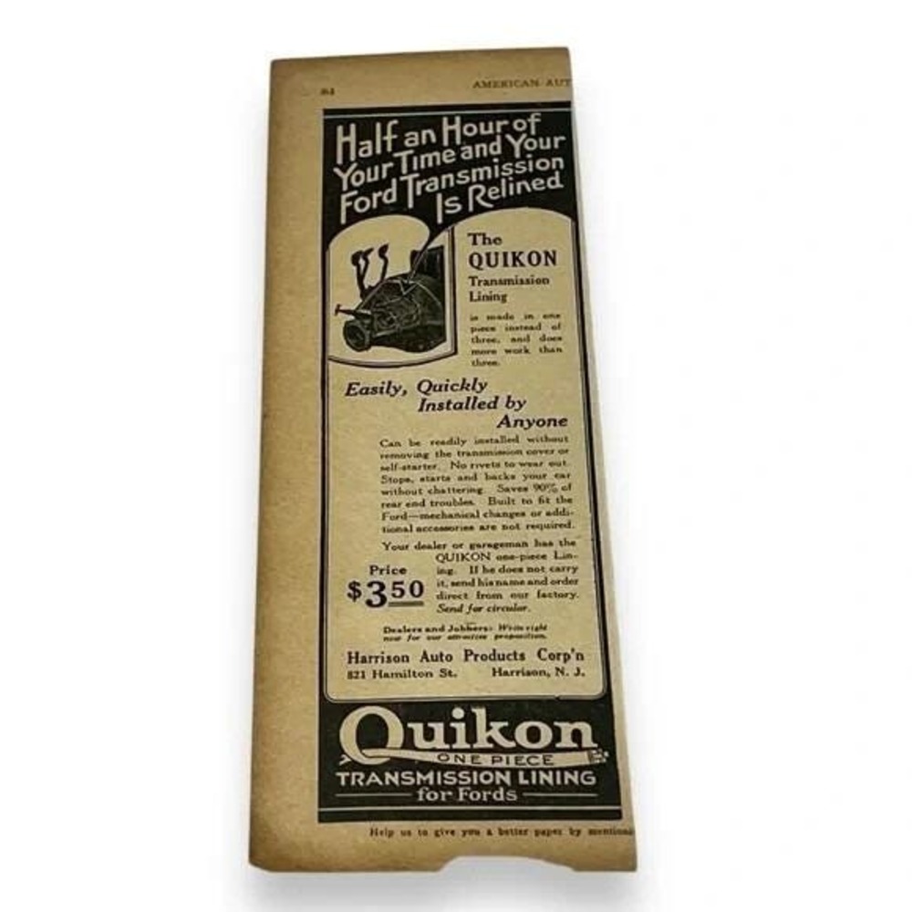 1924 Vintage Ad Quikon One Piece Transmission Lining For Fords Harrison NJ G